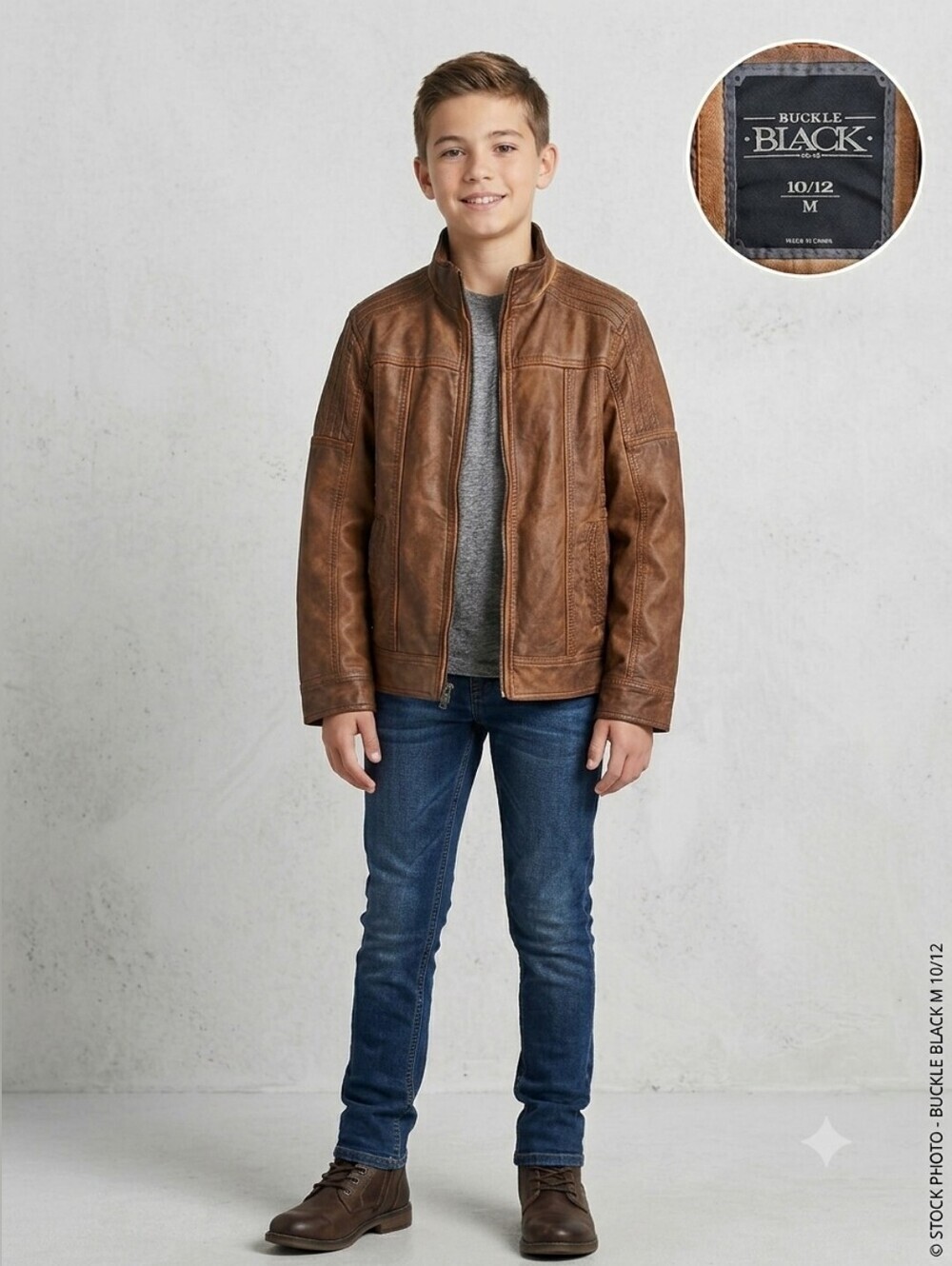 Buckle Black Boys Brown Faux Leather Jacket Moto Biker Full Zip Size 10/12 Med.